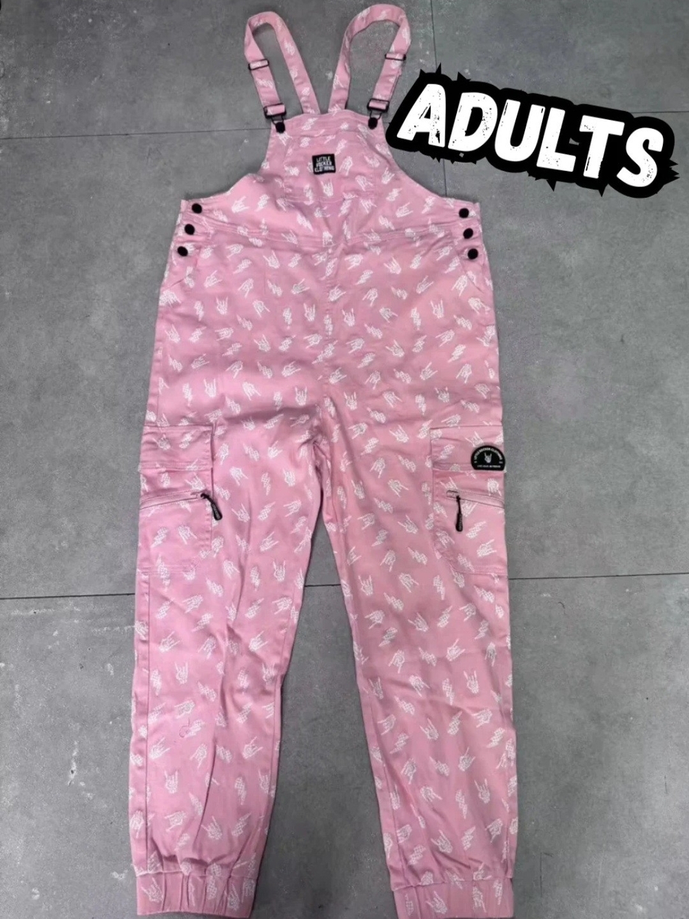 Pink Skull Hand Printed Women's Cargo Overalls with Adjustable Straps